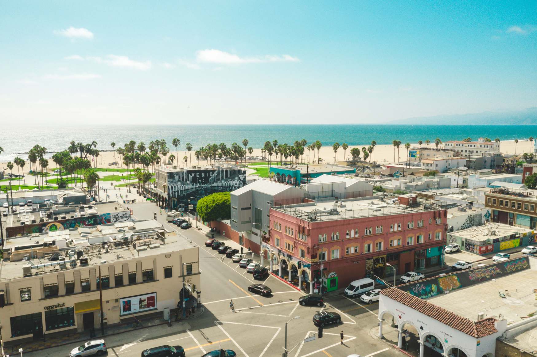 Aerial view of urban buildings near the ocean with palm trees.
